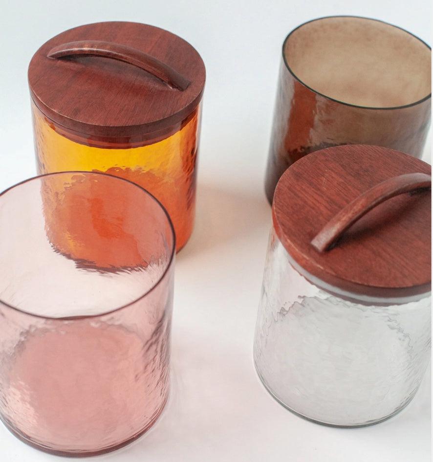 Handblown Hammered Glass Canisters With Wood Lid, Recycled, Ethically Made