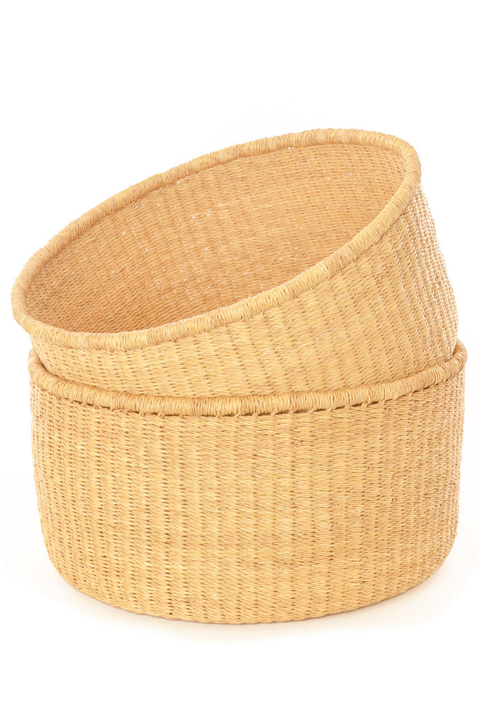 Set of Two Natural Woven Grass Floor Baskets without Handles, Fair Trade, Ghana