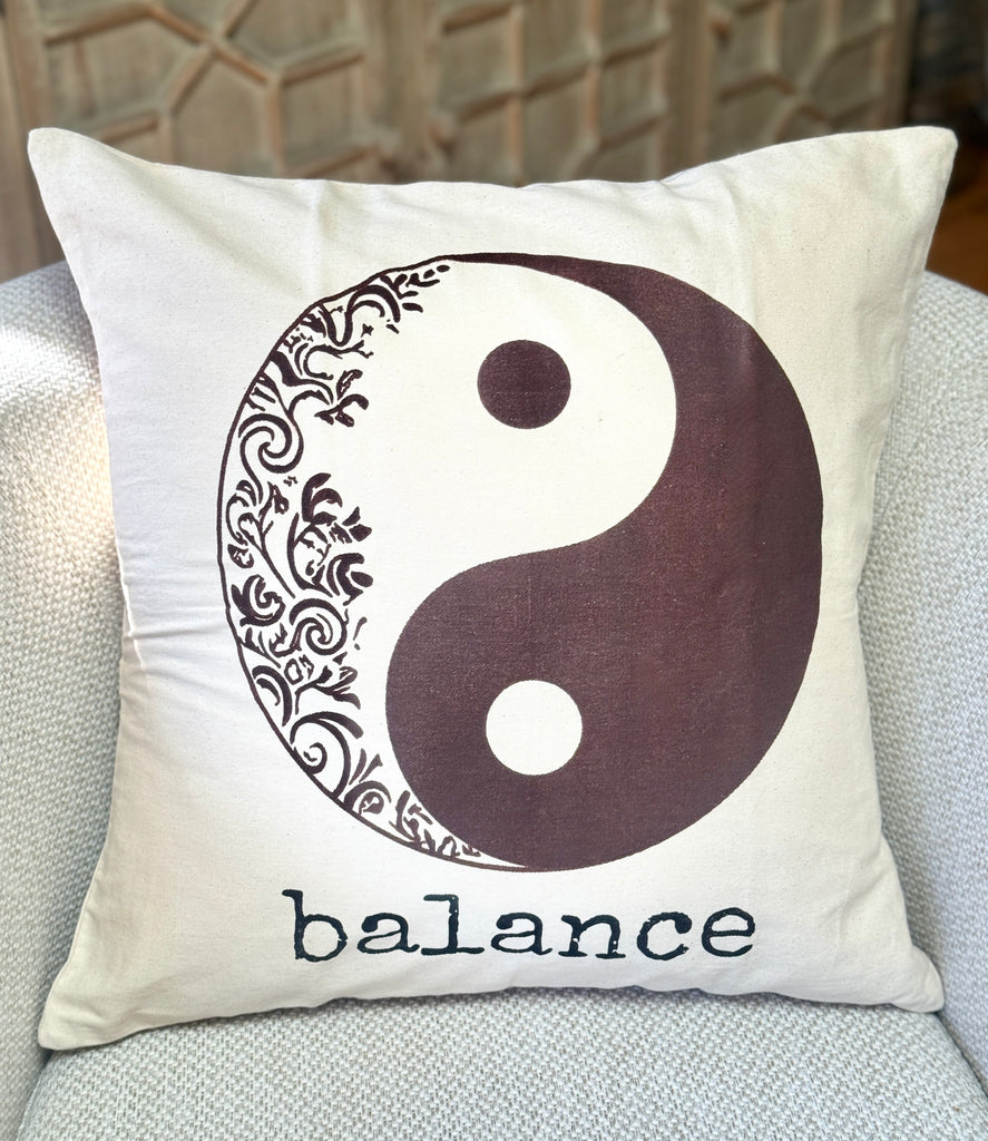 Decorative handmade cotton canvas 20" x 20" decorative pillow with yin yang symbol and the word 'balance'. Handmade by Survivors.