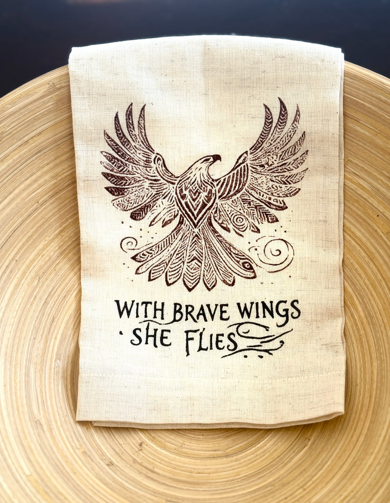 Kitchen Tea Towel -With Brave Wings She Flies Eagle- Handmade by Survivors