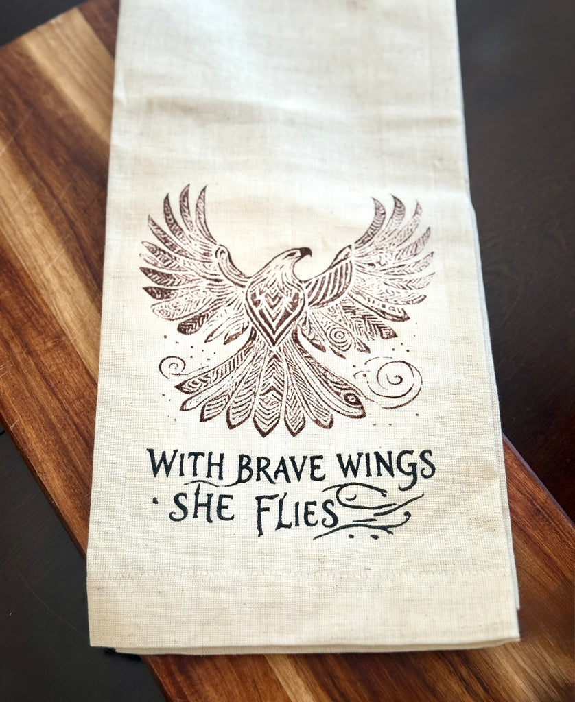 Kitchen Tea Towel -With Brave Wings She Flies Eagle- Handmade by Survivors