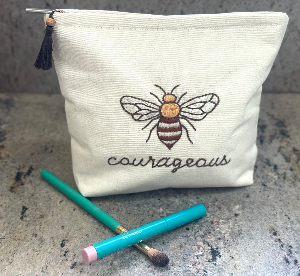 Embroidered Canvas Cosmetic Bags - Bee You, Bee Courageous, Bee The Change - Handmade by Survivors