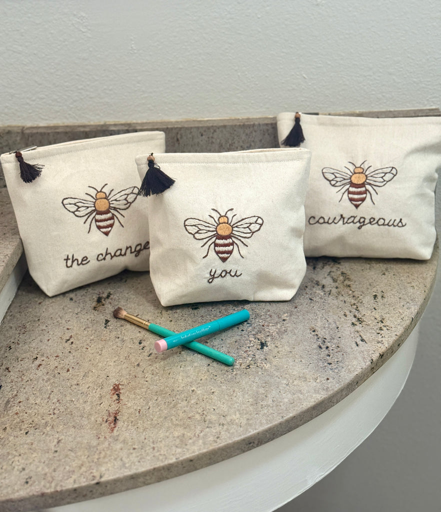 Embroidered Canvas Cosmetic Bags - Bee You, Bee Courageous, Bee The Change - Handmade by Survivors