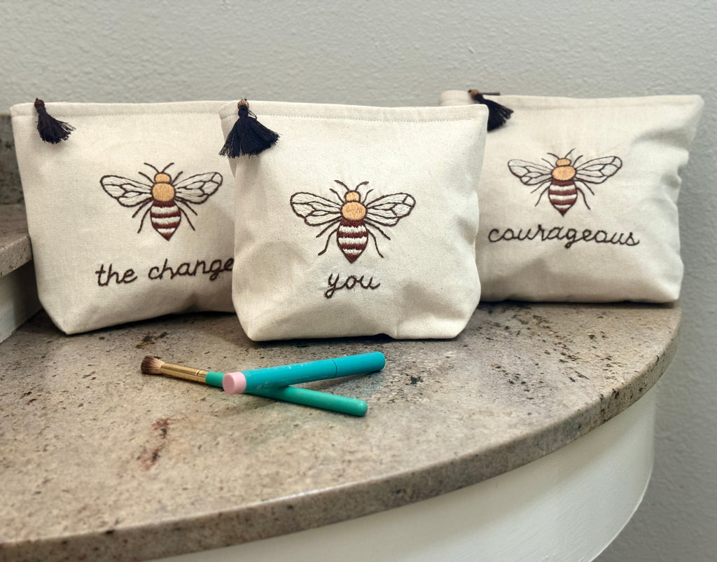 Embroidered Canvas Cosmetic Bags - Bee You, Bee Courageous, Bee The Change - Handmade by Survivors