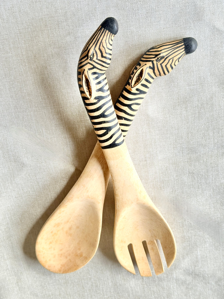 Hand Carved Wooden Zebra Salad Servers- Fair Trade, Africa