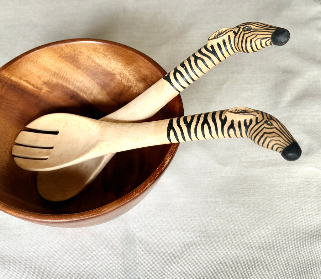 Hand Carved Wooden Zebra Salad Servers- Fair Trade, Africa