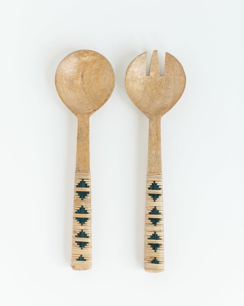 Woven Mango Wood Salad Servers, Geo design, Ethically Made, Fair Trade, India