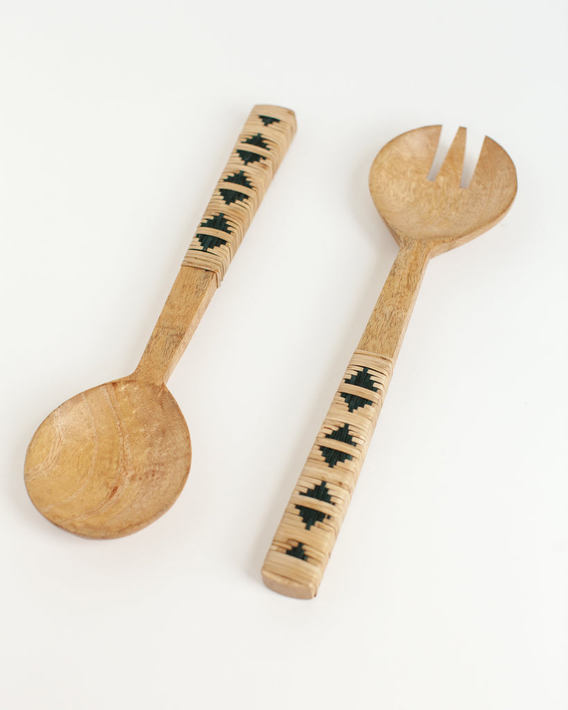 Woven Mango Wood Salad Servers, Geo design, Ethically Made, Fair Trade, India