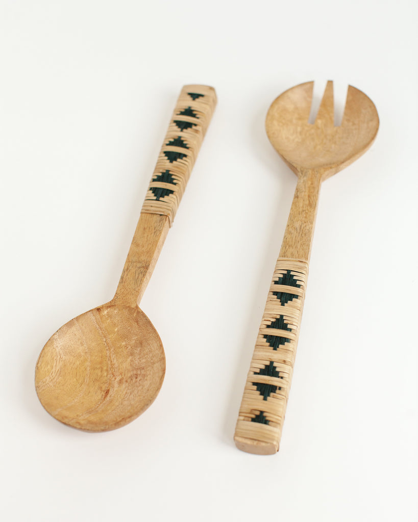 Woven Mango Wood Salad Servers, Geo design, Ethically Made, Fair Trade, India