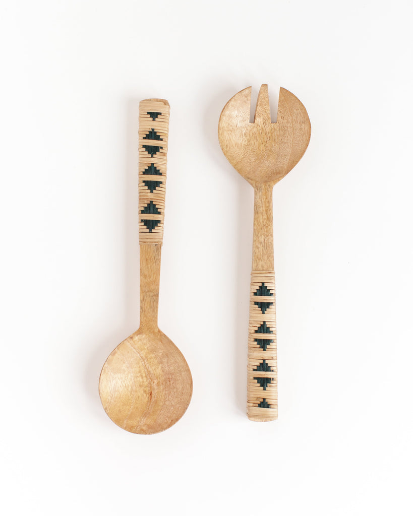 Woven Mango Wood Salad Servers, Geo design, Ethically Made, Fair Trade, India