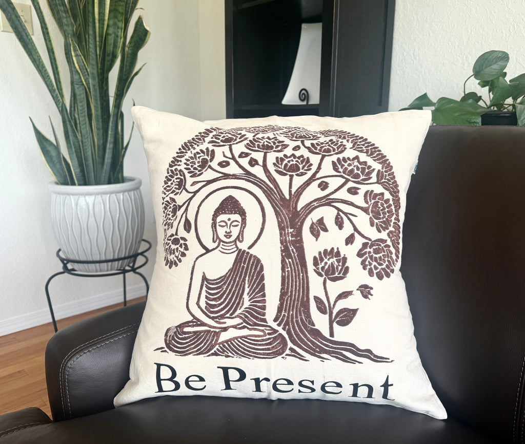 Be Present Buddha Throw Pillow, 20 x 20 - Handmade by Survivors