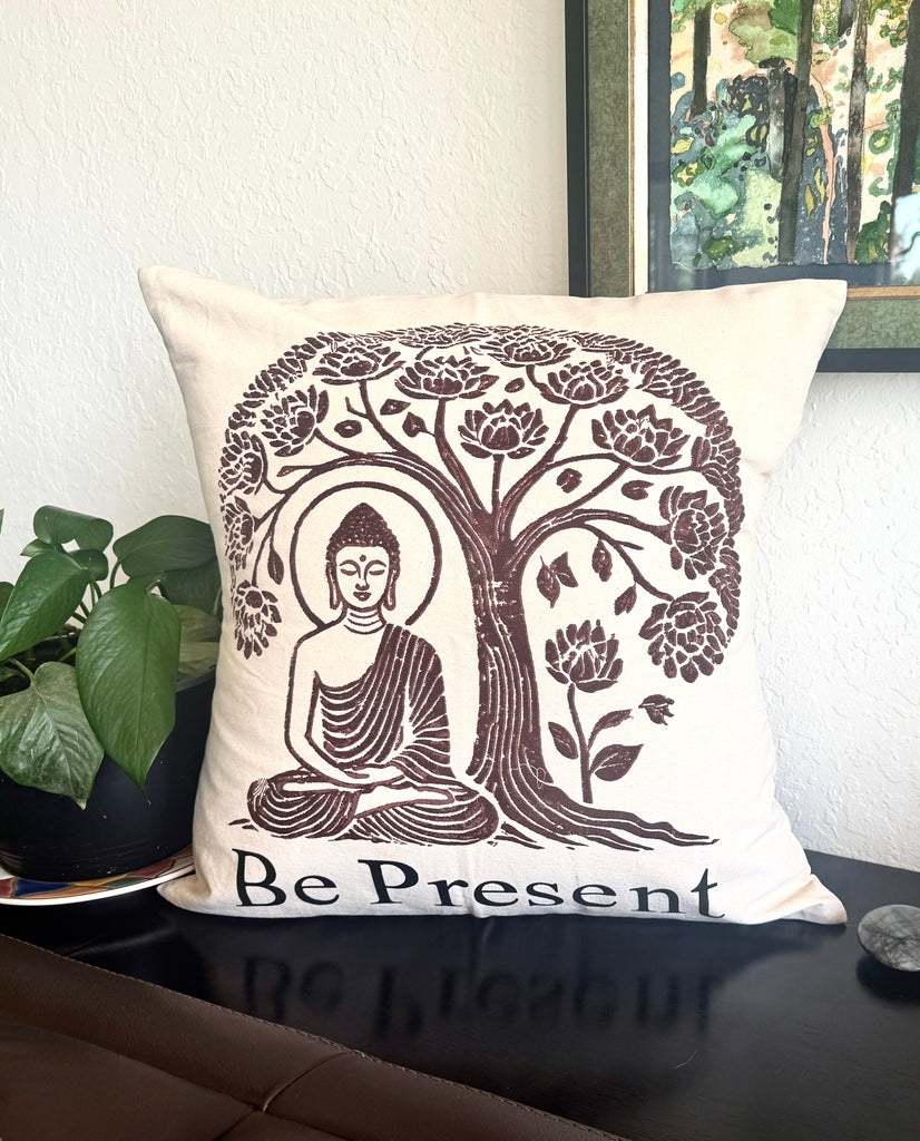 Be Present Buddha Throw Pillow, 20 x 20 - Handmade by Survivors