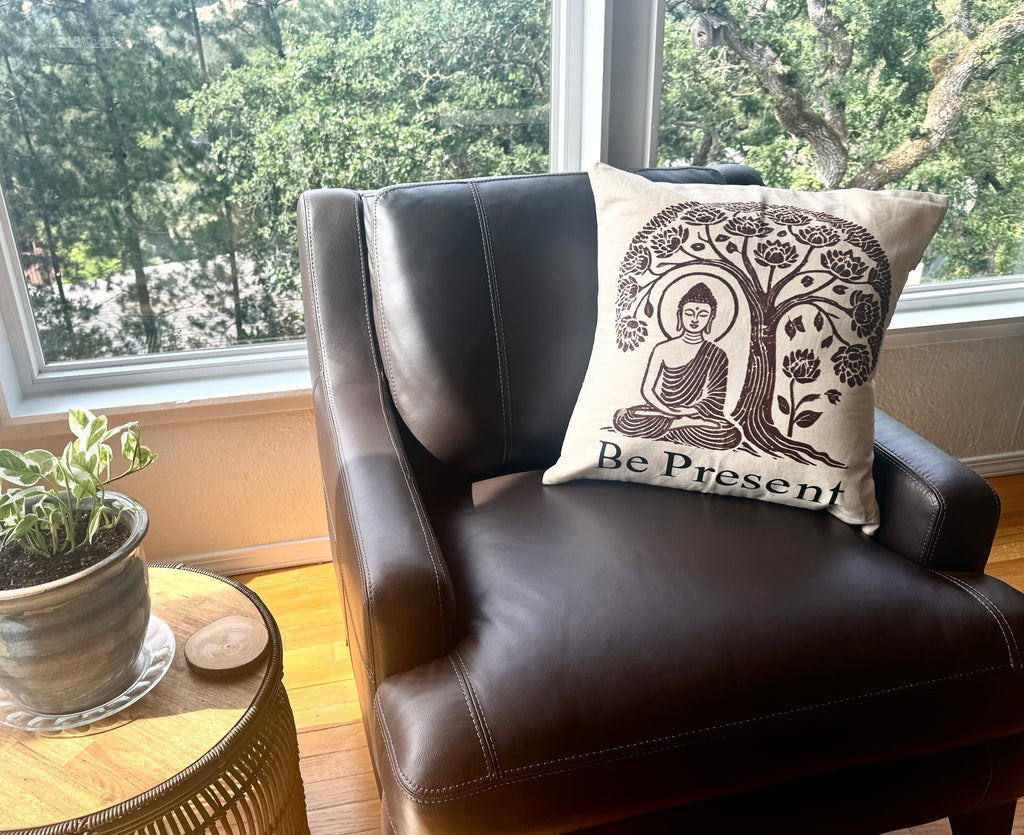 Be Present Buddha Throw Pillow, 20 x 20 - Handmade by Survivors