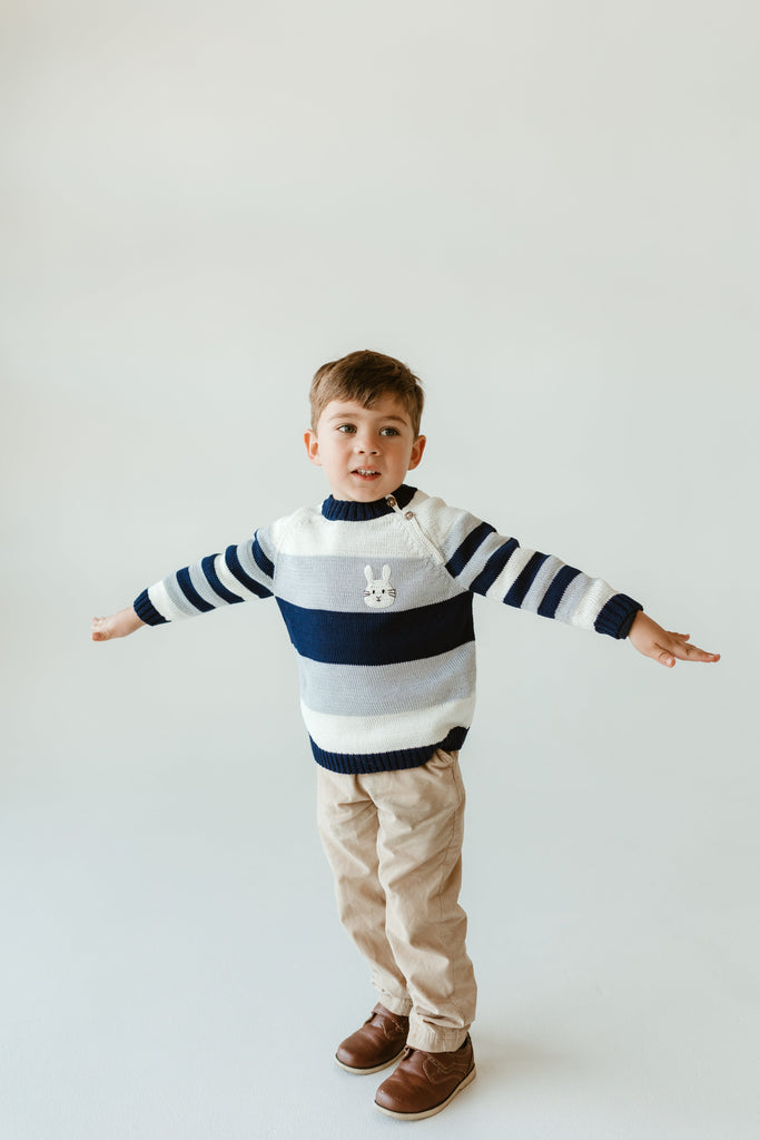 Hand-Knit Bunny Sweater for Baby & Toddlers, Blue, Grey and White Striped, Fair Trade from Armenia