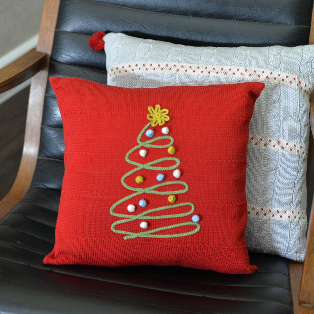 Handmade 12x12" Red Spiral Christmas Tree Pillow 12", Fair Trade from Armenia