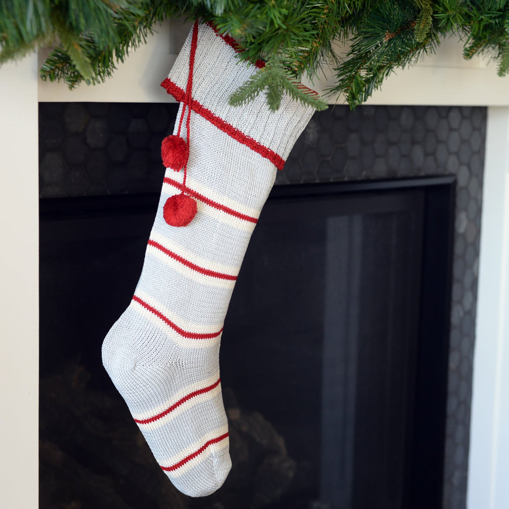 Hand Knit Grey and Red Striped Cuff Christmas Stocking, Fair Trade from Armenia