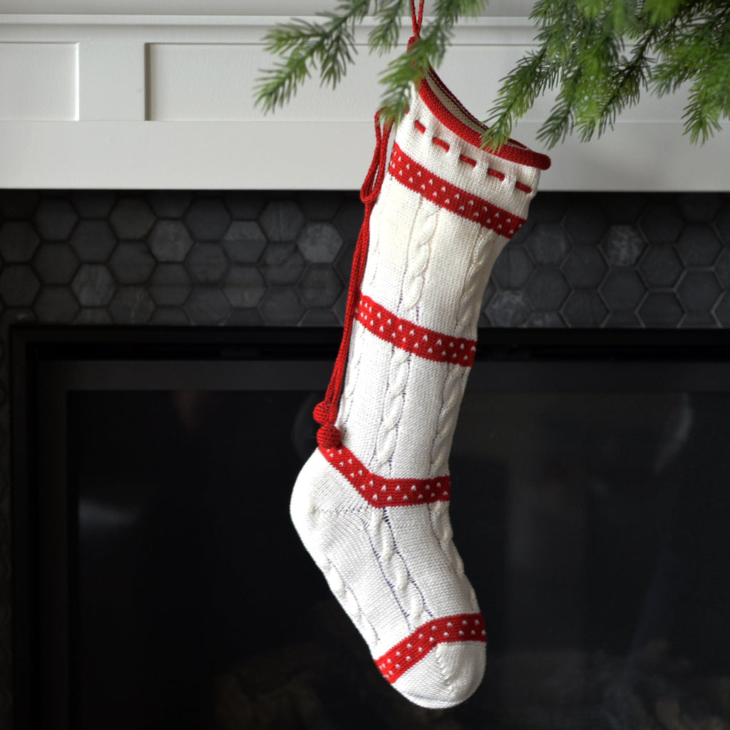 Hand Cable Knit Ecru and Red Christmas Stocking with Laced Top, Fair Trade from Armenia