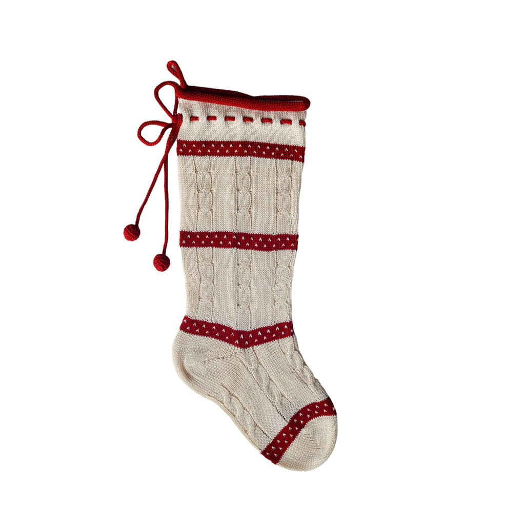 Hand Cable Knit Ecru and Red Christmas Stocking with Laced Top, Fair Trade from Armenia