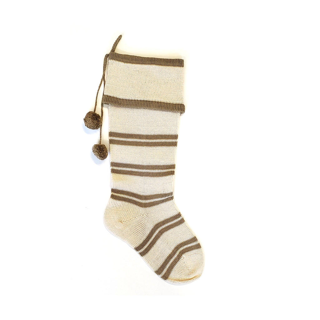 Hand Knit Ecru and Tan Thin Striped Christmas Stocking, Fairtrade from Armenia