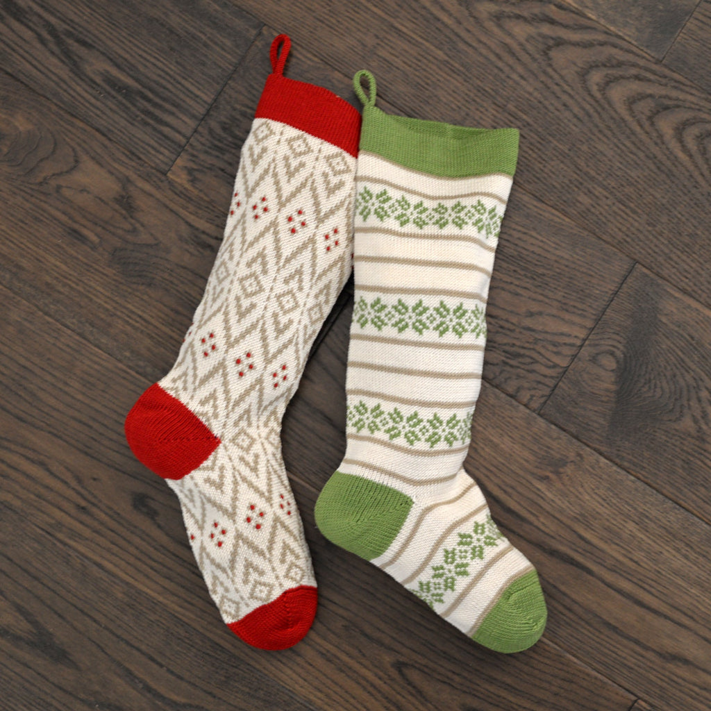 Hand Knit Ecru Patterned Christmas Stocking with Red Details, Fair Trade from Armenia