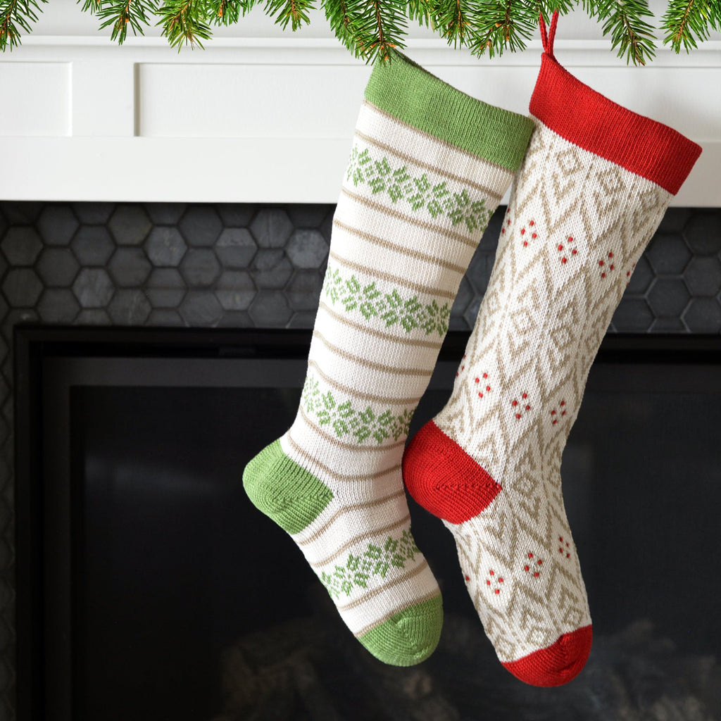 Hand Knit Ecru Patterned Christmas Stocking with Red Details, Fair Trade from Armenia