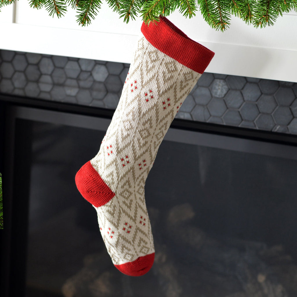 Hand Knit Ecru Patterned Christmas Stocking with Red Details, Fair Trade from Armenia