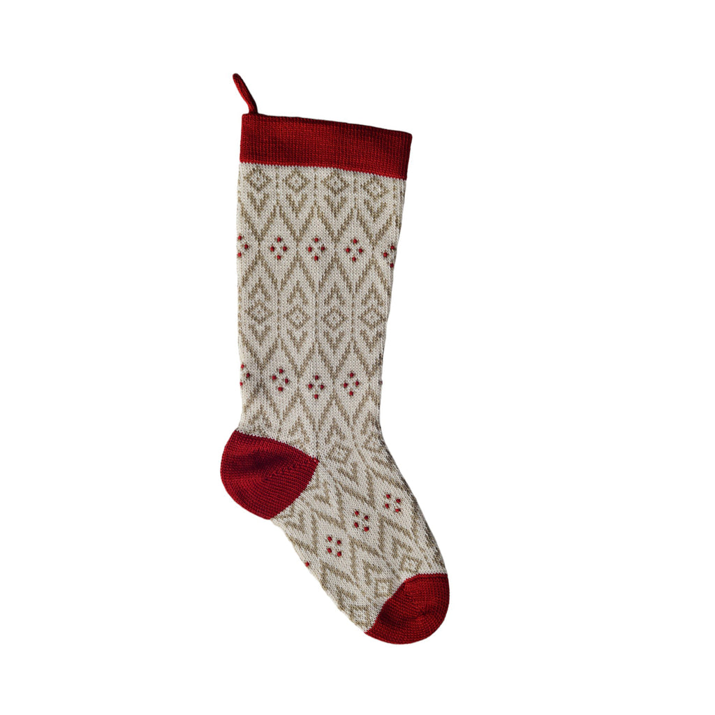 Hand Knit Ecru Patterned Christmas Stocking with Red Details, Fair Trade from Armenia