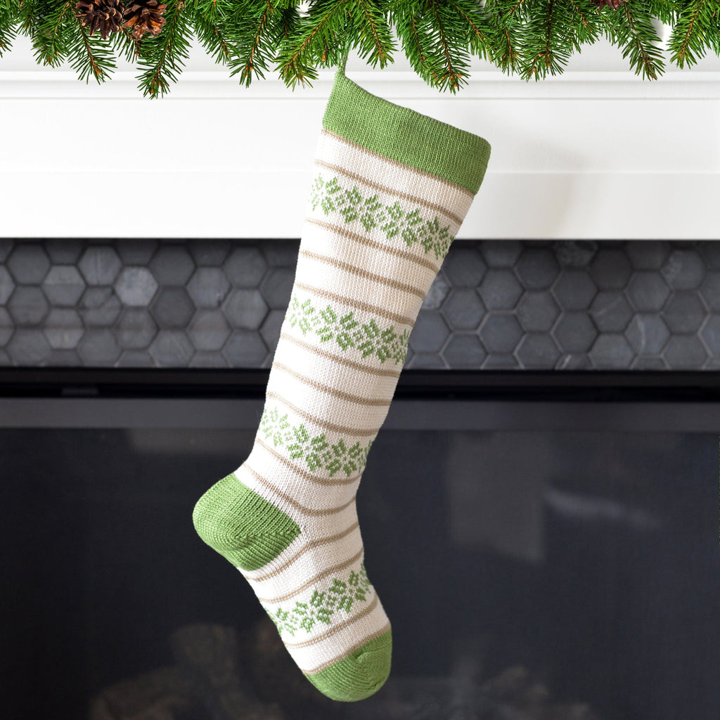 Hand Knit Ecru Patterned Christmas Stocking with Green, Fair Trade, Armenia