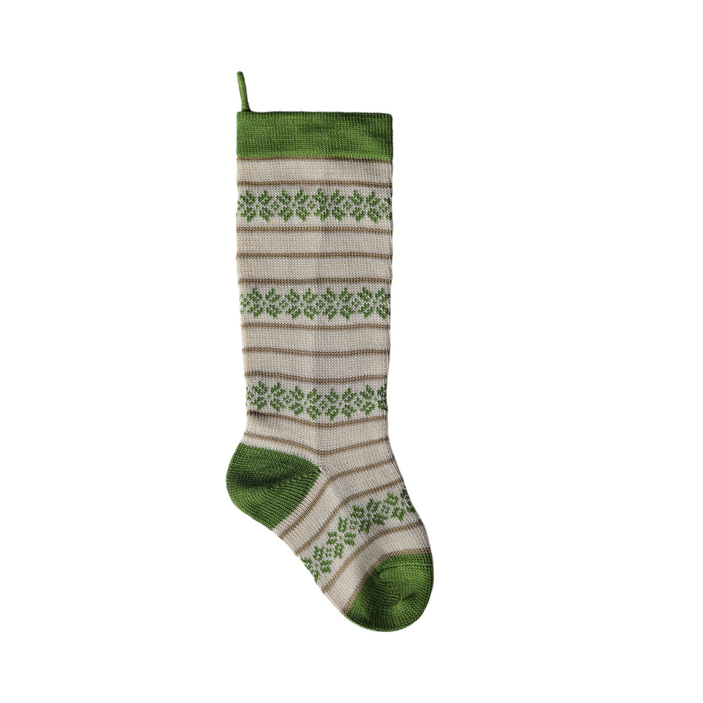 Hand Knit Ecru Patterned Christmas Stocking with Green, Fair Trade, Armenia