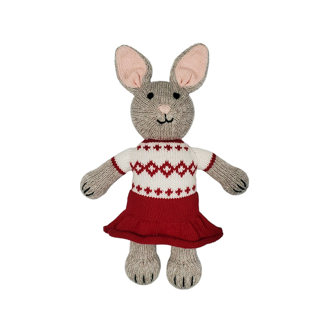 Hand-Knit Bunny Stuffed Animal in Red & White Holiday Christmas  Dress, Fair Trade from Peru