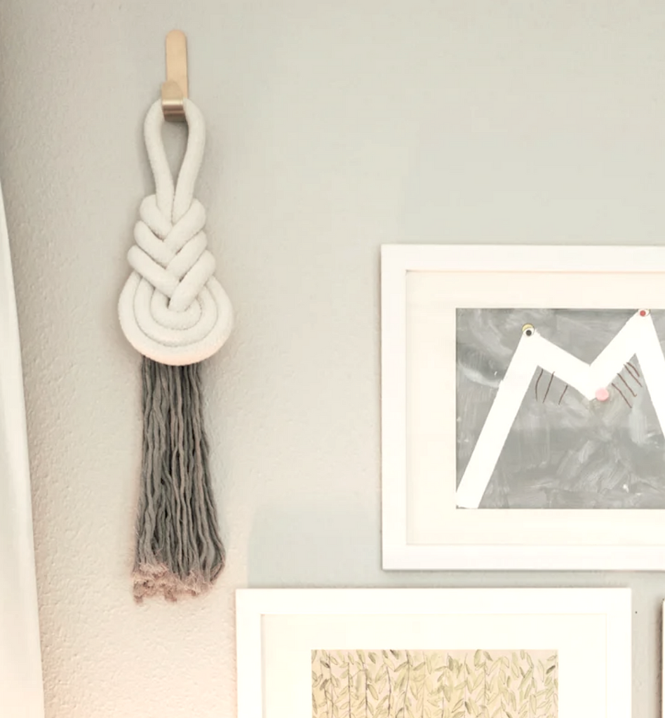 Medium 11" x 4.5" Handmade White Knot Rope, Grey Tassel Wall Hanging, Fair trade, Gives Freedom to Women