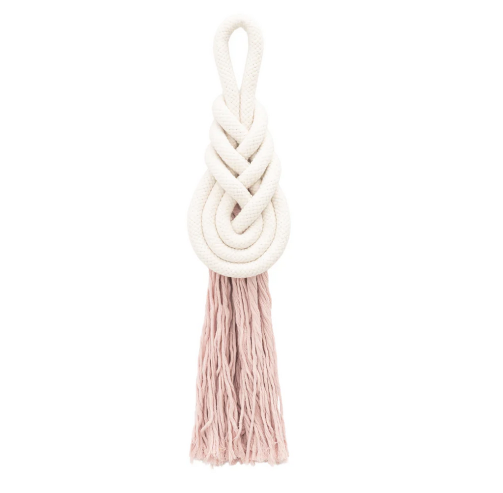 Medium 11" x 4.5" Handmade White Knot Rope, Pink Tassel Wall Hanging, Fair trade, Gives Freedom to Women