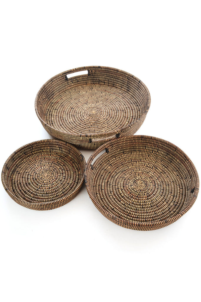 Set of Three Handwoven, Dark Brown Nesting Basket Trays, Fair Trade, Senegal