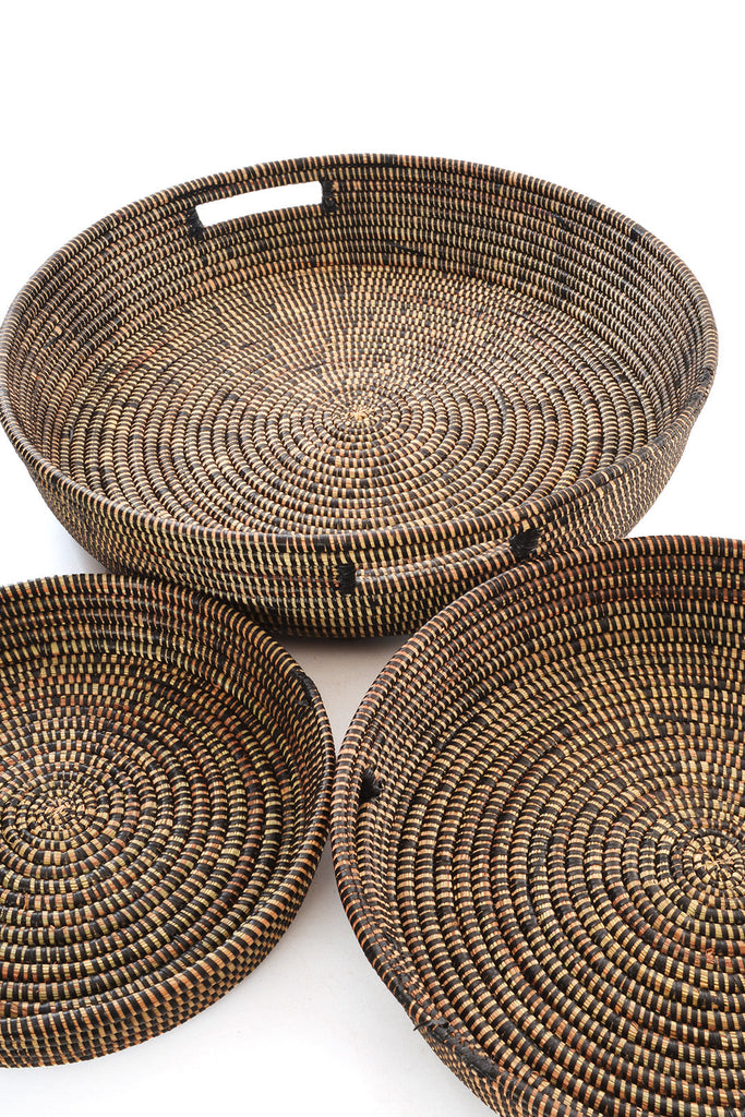 Set of Three Handwoven, Dark Brown Nesting Basket Trays, Fair Trade, Senegal