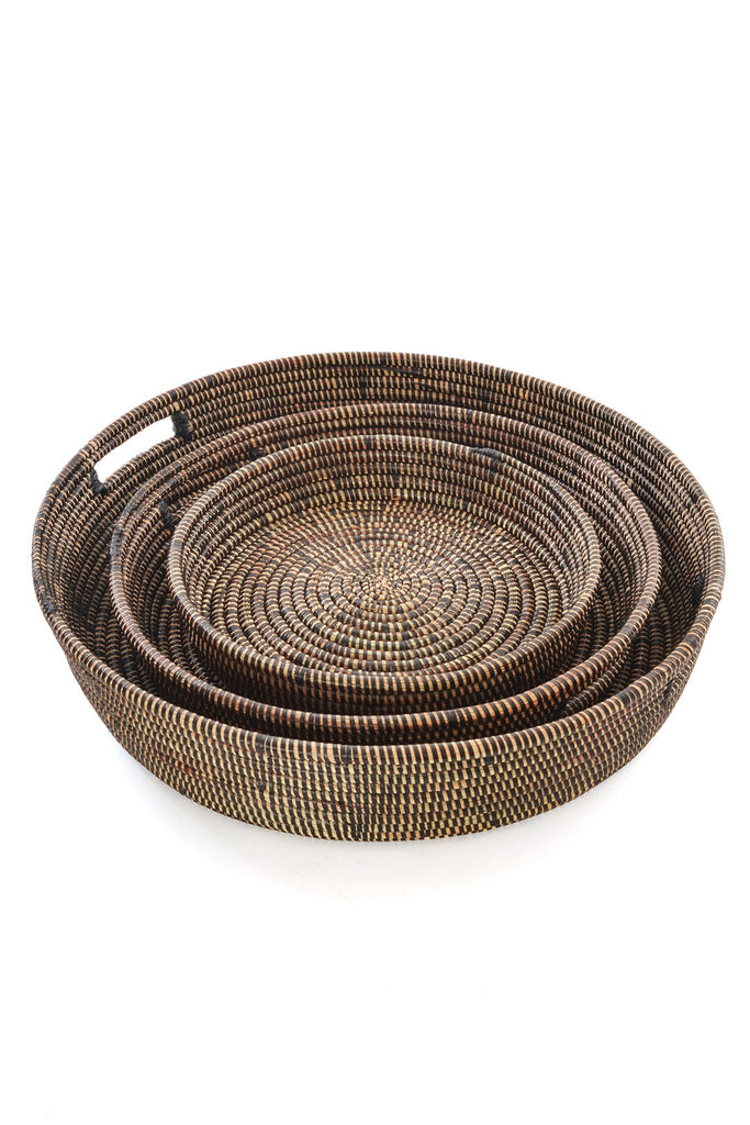 Set of Three Handwoven, Dark Brown Nesting Basket Trays, Fair Trade, Senegal