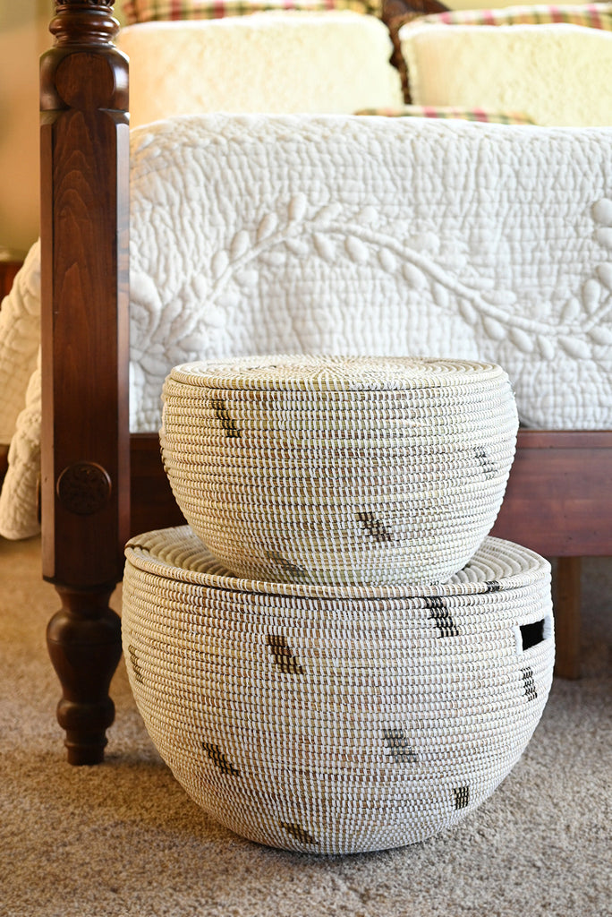 Set of Two Handwoven Nesting Baskets with Lids, White with Dashes, Fair Trade, Senegal