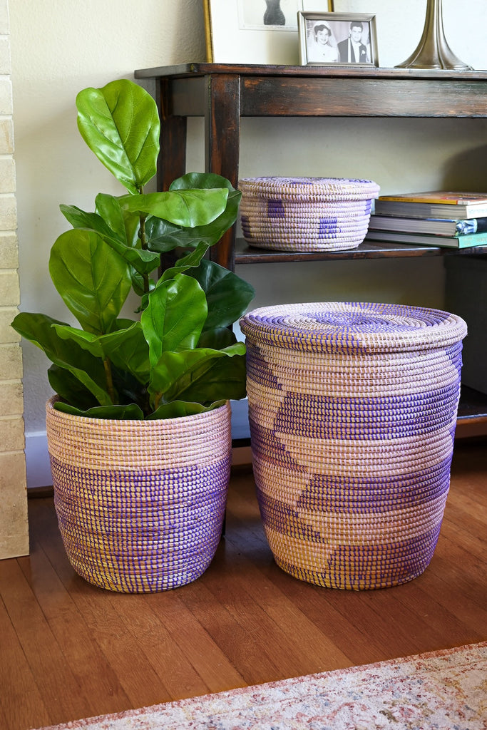 Set of 3 Hand Woven Lavender Mixed Storage Baskets, Fair Trade, Senegal