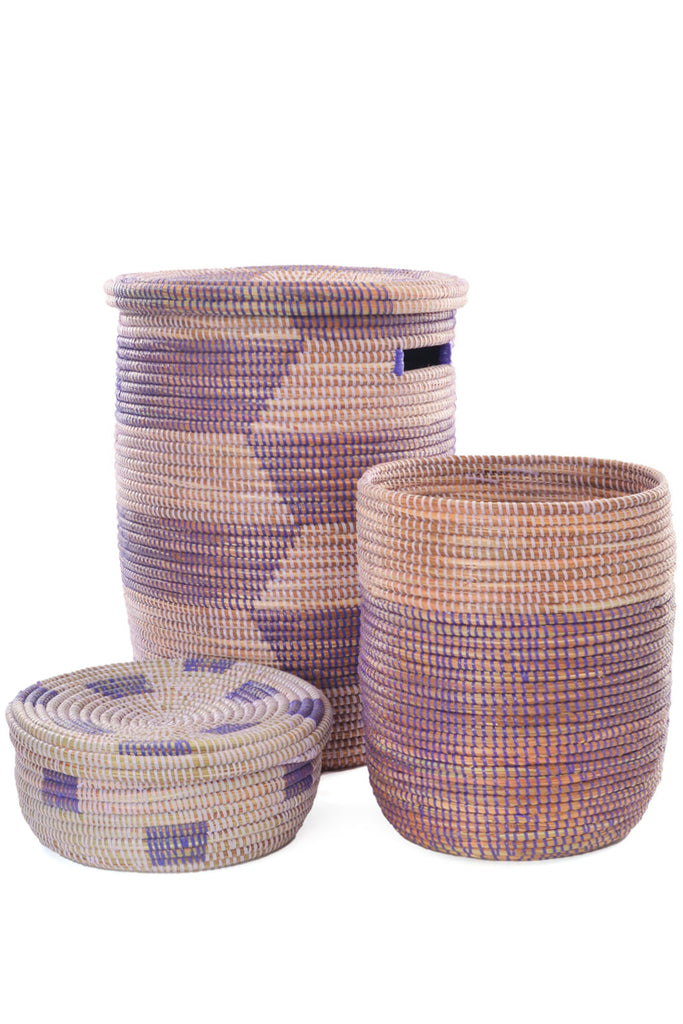 Set of 3 Hand Woven Lavender Mixed Storage Baskets, Fair Trade, Senegal