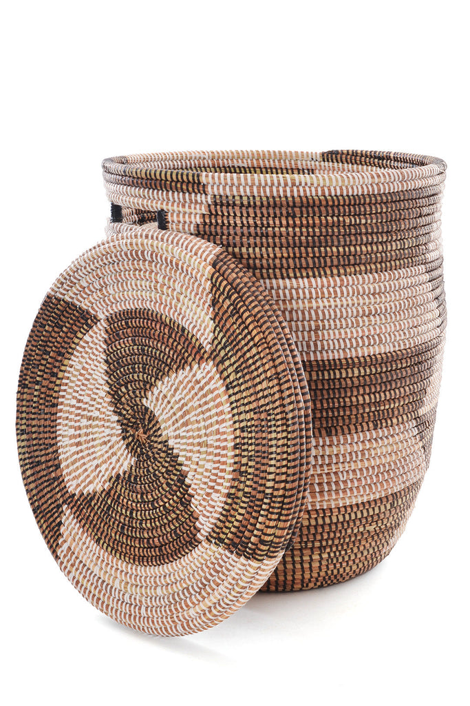 Set of 3 Large Handwoven Brown & White Mixed Storage Baskets, Fairtrade from Senegal