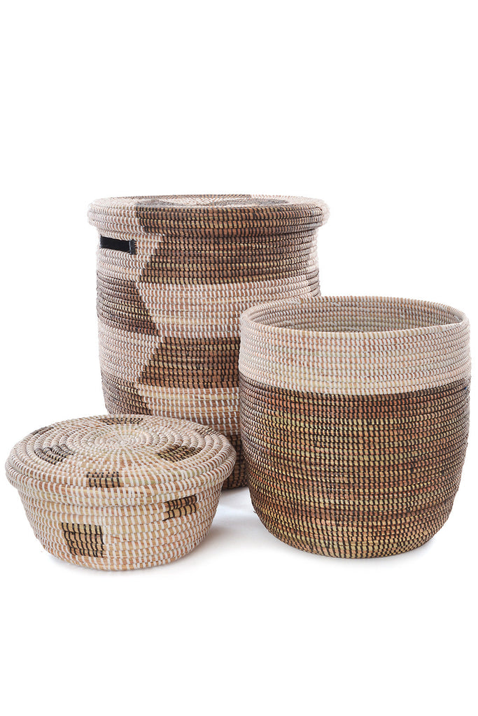 Set of 3 Large Handwoven Brown & White Mixed Storage Baskets, Fairtrade from Senegal