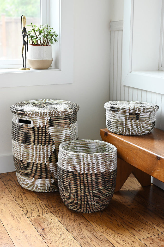 Set of 3 Large Handwoven Brown & White Mixed Storage Baskets, Fairtrade from Senegal