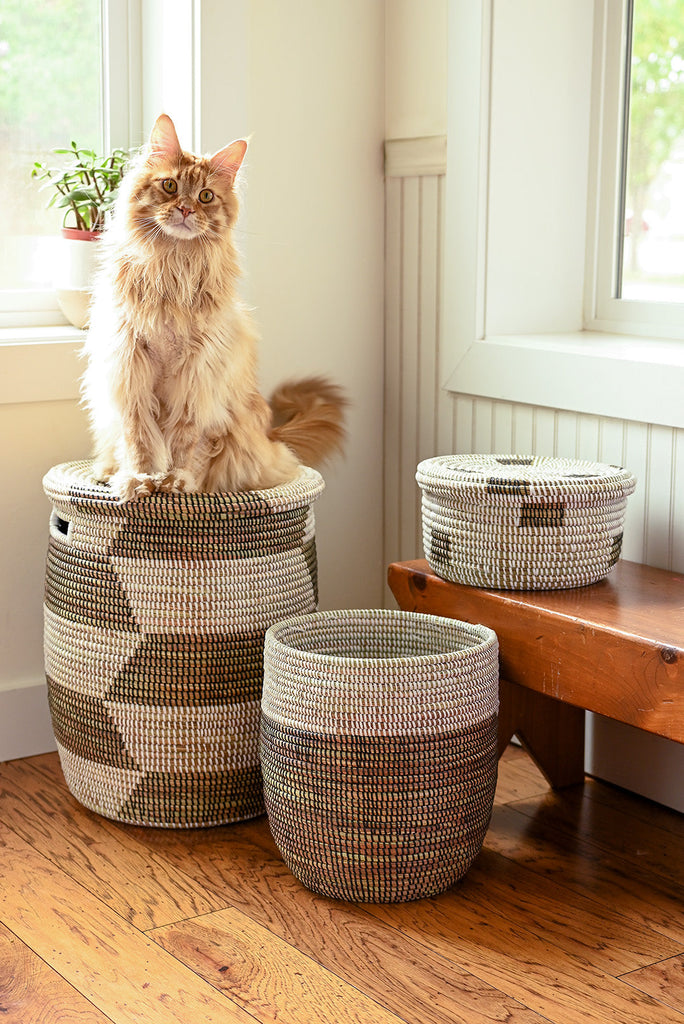 Set of 3 Large Handwoven Brown & White Mixed Storage Baskets, Fairtrade from Senegal