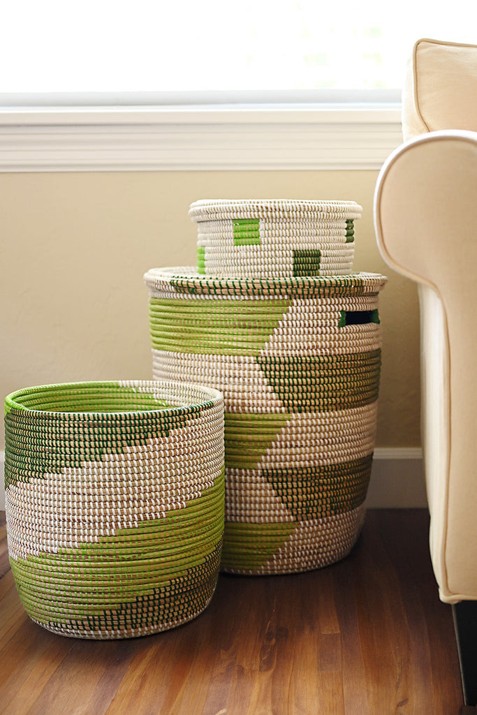 3 Handwoven, Large Mixed Green Storage Baskets, Fair Trade, Senegal