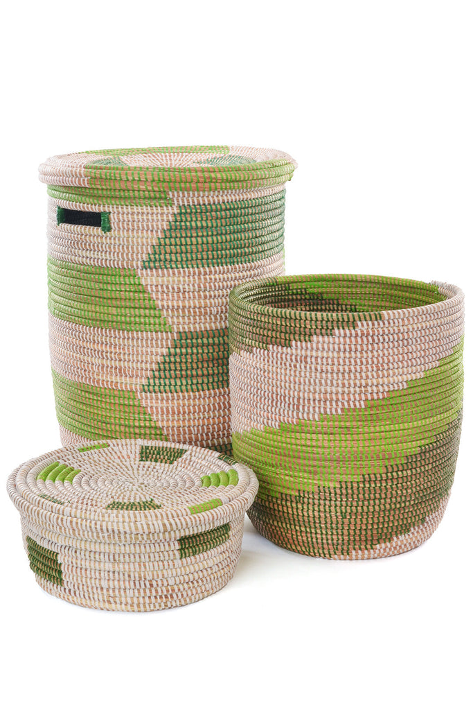 3 Handwoven, Large Mixed Green Storage Baskets, Fair Trade, Senegal