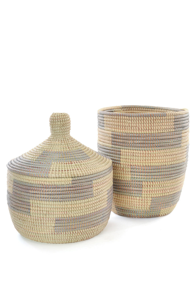 Three-Piece Hand Woven Silver & Cream Mixed Sized Basket Set, Fair Trade, Senegal