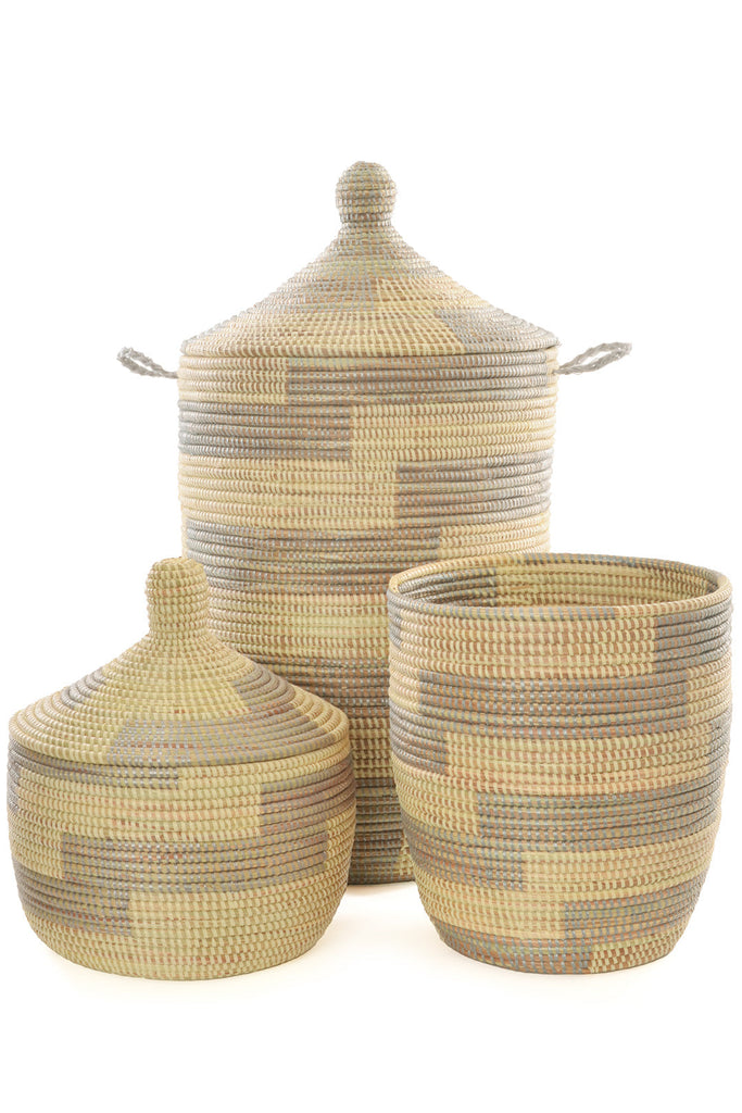 Three-Piece Hand Woven Silver & Cream Mixed Sized Basket Set, Fair Trade, Senegal