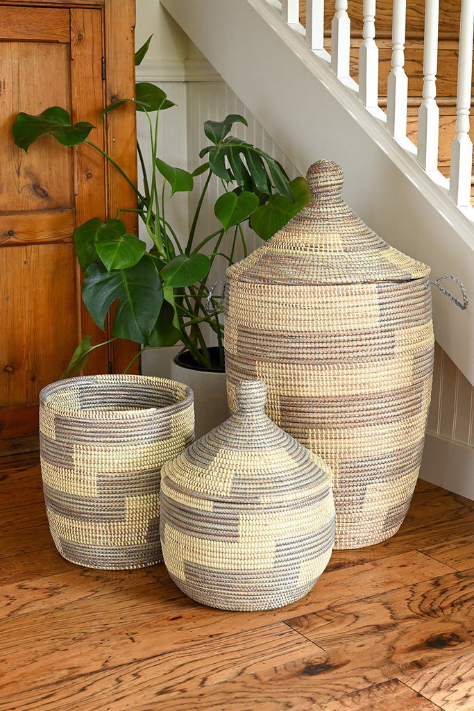 Three-Piece Hand Woven Silver & Cream Mixed Sized Basket Set, Fair Trade, Senegal