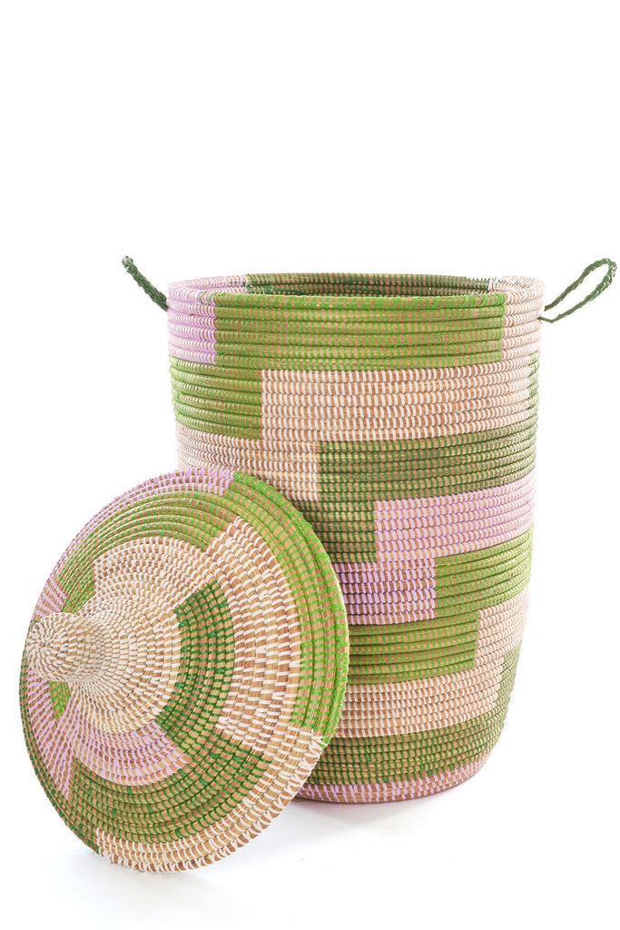 3 Handwoven, Mixed Sized Large Storage Baskets, Lavender & Green, Fair Trade, Senegal