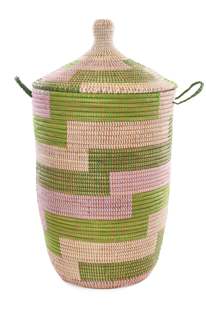 3 Handwoven, Mixed Sized Large Storage Baskets, Lavender & Green, Fair Trade, Senegal