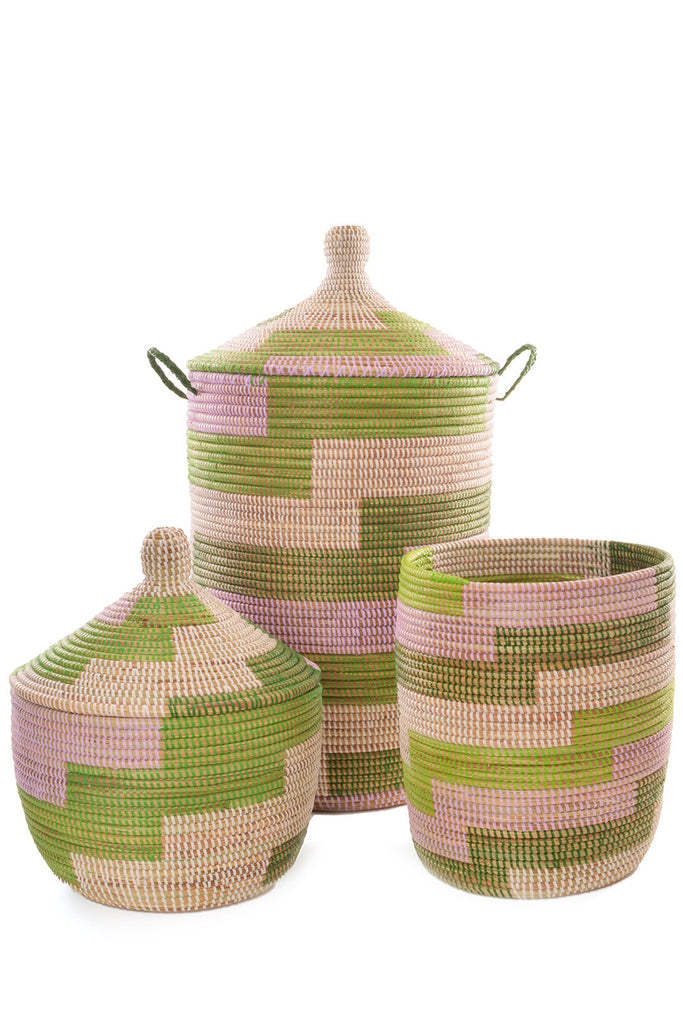 3 Handwoven, Mixed Sized Large Storage Baskets, Lavender & Green, Fair Trade, Senegal